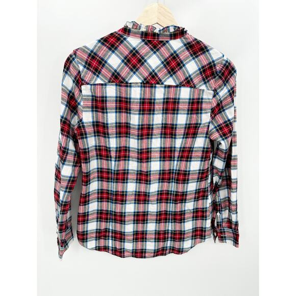 J.Crew Factory Womens Red Plaid Ruffle Collar Button Front Shirt Size XS Fall - Picture 2 of 9